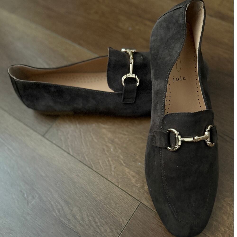 Joie Black Suede Loafers with Silver Buckle
